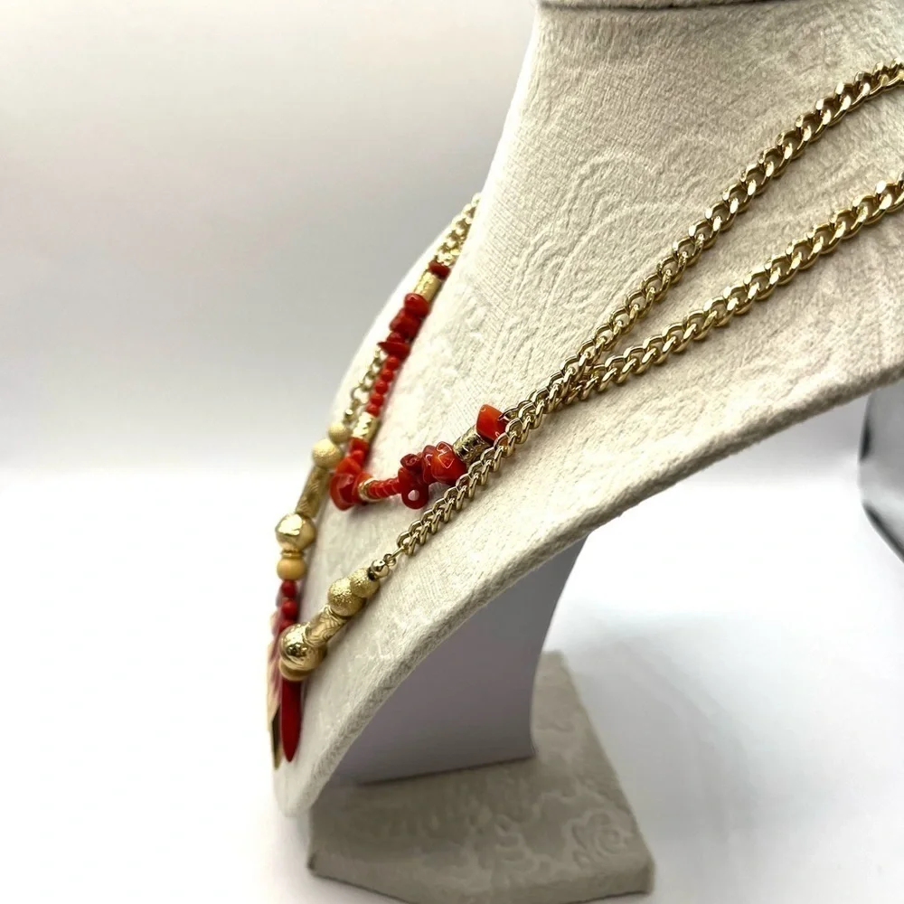 Fire Beads with Tribal Flare Layered Chain Necklace Red stone and long Gold bead